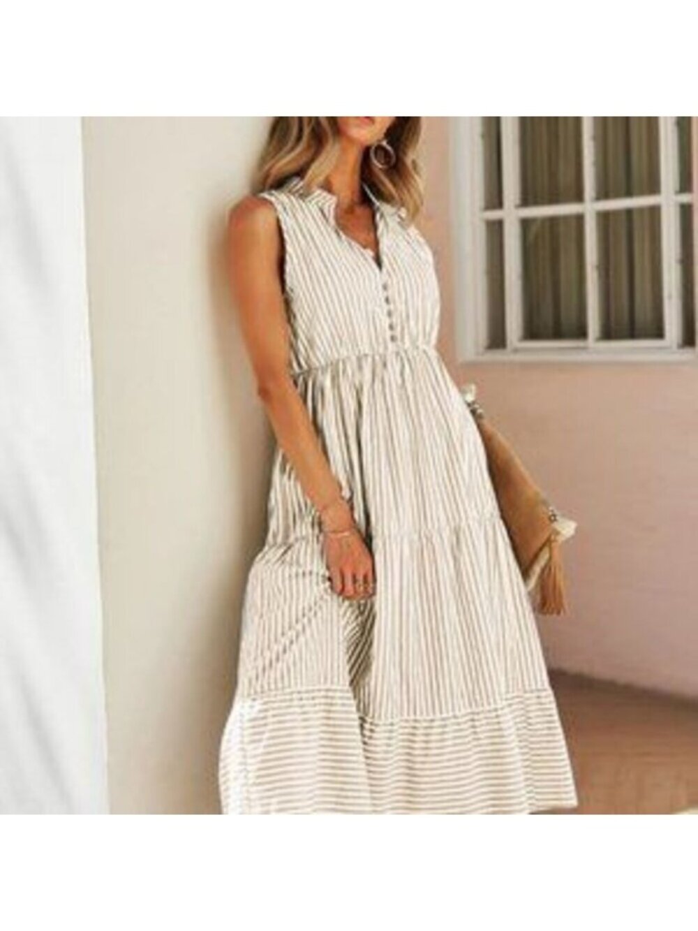 Multicolor Boho Womens Striped Print Notched Neck A-line Dress - Picture 5 of 5
